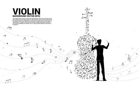 Vector silhouette of conductor hand with music melody note dancing flow shape violin icon . Concept background for song and concert theme.のイラスト素材