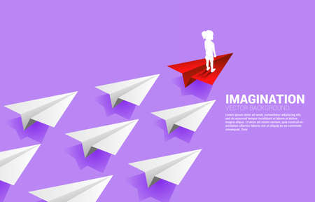 Silhouette of girl standing on red origami paper airplane leading group of white. Concept of children imagination and education.のイラスト素材