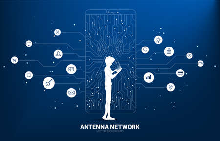 Silhouette man with antenna tower icon on mobile phone from dot connect line circuit board style mobile data icon. Concept for data transfer of mobile and wi-fi data network.のイラスト素材