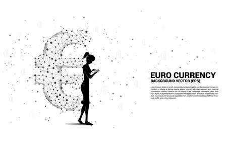 businesswoman with mobile phone and money euro currency icon from Polygon dot connect line. Concept for europe financial network connection.のイラスト素材