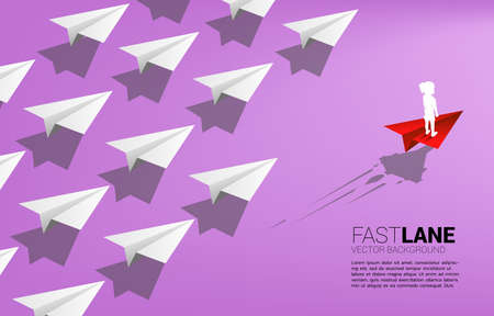 girl standing on red origami paper airplane is move faster than group of white. Concept of fast lane for education and children development.のイラスト素材