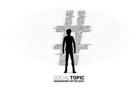 Silhouette of businessman standing with Hash tag from one and zero binary code with icon. background concept for social topic and news.のイラスト素材