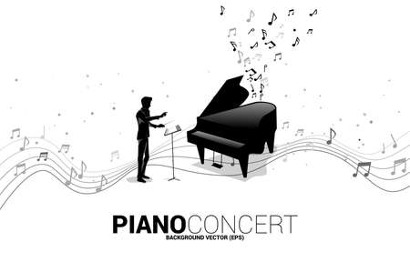 Vector silhouette of conductor with grand piano with music melody note dancing flow. Concept background for song and concert theme.のイラスト素材
