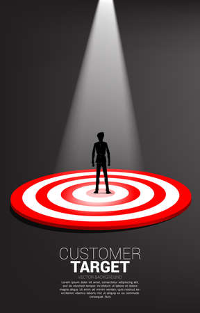 silhouette of businessman standing on center of dartboard with spot light . Business Concept of marketing target and customer.Company vision mission and goal.のイラスト素材