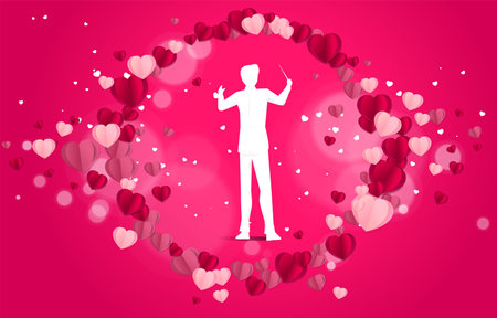 Vector silhouette of conductor standing with heart paper art flying . Concept background for love song and concert theme.の写真素材