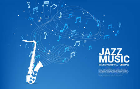Vector music melody note flow with saxophone. Concept background for jazz song and concert theme.のイラスト素材