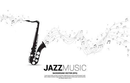 Vector music melody note dancing flow from saxophone . Concept background for jazz song and concert theme.のイラスト素材