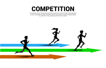 competition of silhouette of businessman and businesswoman running with arrow. business concept for competitionのイラスト素材