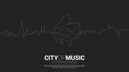 Vector silhouette of piano with city from one line. Concept for city of classic music.のイラスト素材