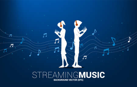 Vector silhouette man and woman with mobile phone and headphone and music melody note dancing flow . Concept background for song and concert theme.のイラスト素材