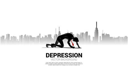 silhouette of businessman crawling in big city background. Concept of feeling depress in big city.のイラスト素材