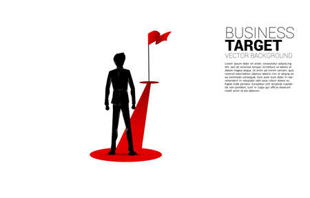 Silhouette of businessman standing on route path to red flag at goal. Concept of people ready to start career and business to success.のイラスト素材