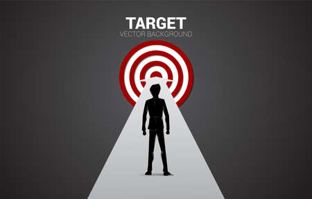 silhouette of businessman standing on route to center dartboard. Business Concept of route to goal and direct to target.のイラスト素材