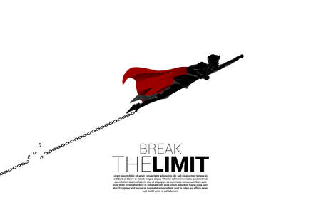 Silhouette of businessman flying to break the chain at foot. Concept of break the rule and limit in business.のイラスト素材