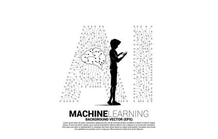 Vector silhouette man use mobile phone and background dot connect line shaped AI and CPU center. Concept for machine learning and artificial intelligence.のイラスト素材