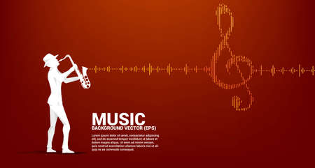 Vector silhouette of saxophonist with Sol key note icon Sound wave Music Equalizer background. background for event concert and music festivalのイラスト素材