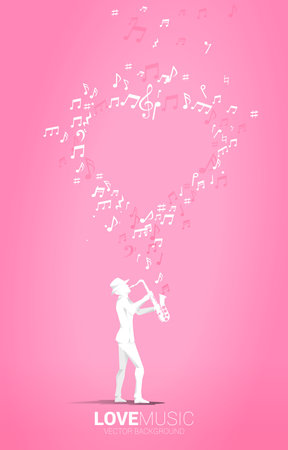 Vector silhouette of saxophonist standing with music note flying as heart shape . Concept background for love song and concert theme.のイラスト素材