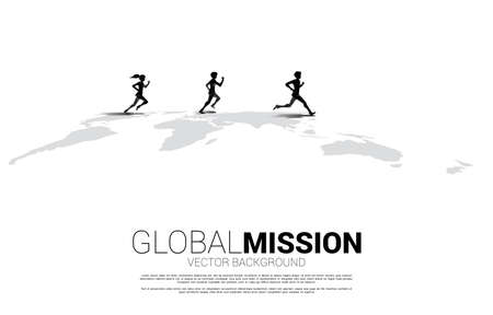 Silhouette of businessman and businesswoman running on world map. Business Concept of world target mission.のイラスト素材
