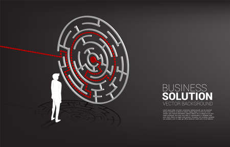 Silhouette of Businessman standing with plan to center of maze . Business concept for problem solving and solution strategyのイラスト素材