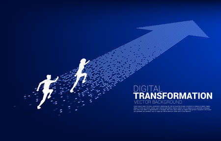 Silhouette of businessman running on the arrow from pixel. concept of digital transformation of business.のイラスト素材