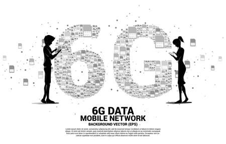 Silhouette of man and woman use mobile phone with 6G from mobile sim card networking. Concept for mobile telecommunication global network.のイラスト素材