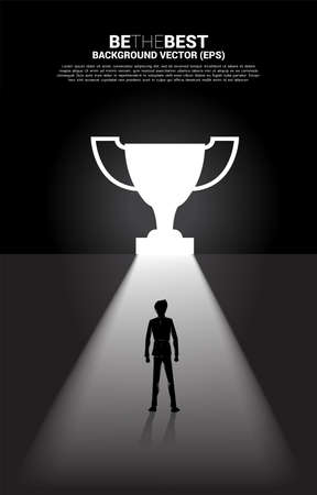 Silhouette businessman standing in light from exit door shape trophy. Business Concept of route to winner and championのイラスト素材