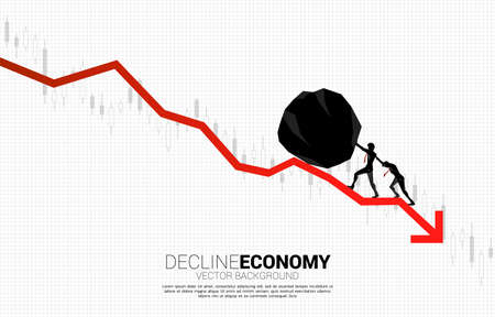 Silhouette of businessman team pushing the rock rolling down.stop financial crisis . concept of business challenge and teamwork.のイラスト素材