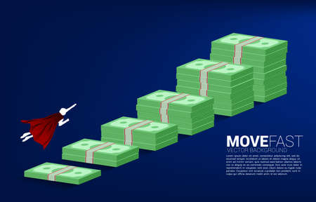 Silhouette of businessman flying on top of growth graph with stack of banknote. Concept of success investment and growth in businessのイラスト素材
