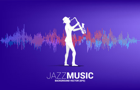 Vector silhouette of man and saxophone standing with Music Equalizer background. Concept background for classic music concert and recreation.のイラスト素材