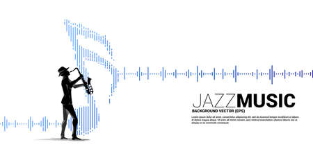 Vector silhouette of saxophonist with music note icon Sound wave Equalizer background. Concept background for jazz song and concert theme.のイラスト素材