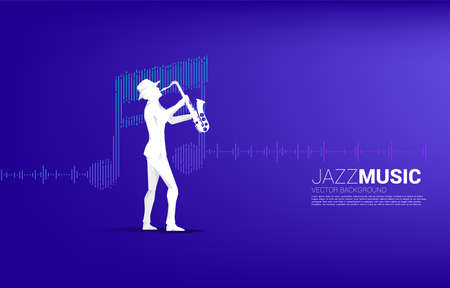 Vector silhouette of saxophonist with music note icon Sound wave Equalizer background. Concept background for jazz song and concert theme.のイラスト素材