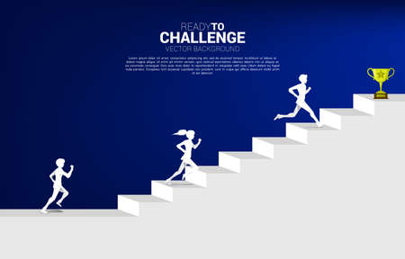 silhouette of businessman and businesswoman run to trophy at top of stair. Concept of vision mission and goal of businessのイラスト素材