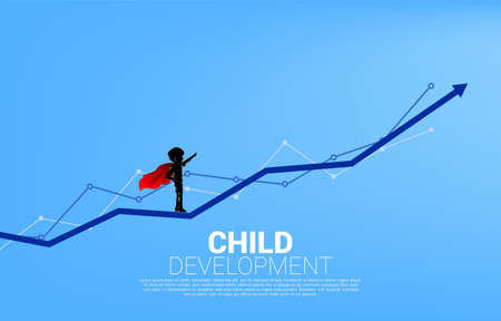 Silhouette of boy in superhero suit standing on line graph arrow. Concept of education start and future of children.のイラスト素材