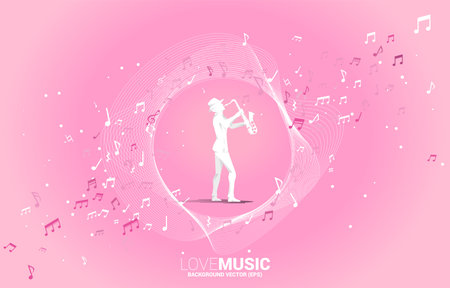Vector silhouette of saxophonist with music melody note dancing flow . Concept background for classic music concert and recreation.のイラスト素材