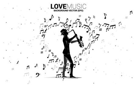 Vector silhouette of saxophonist standing with music note flying as heart shape . Concept background for love song and concert theme.のイラスト素材