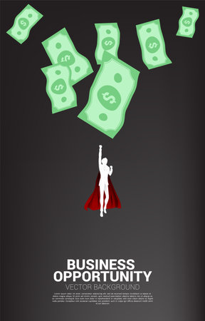 Silhouette of businessman flying with money drop from above. Concept of success investment and growth in businessのイラスト素材