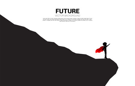 Silhouette of boy in superhero suit point from the cliff. Concept of education start and future of children.のイラスト素材
