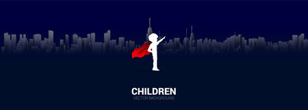 Silhouette of boy in superhero suit point to sky in city. Concept of education start and future of children.のイラスト素材