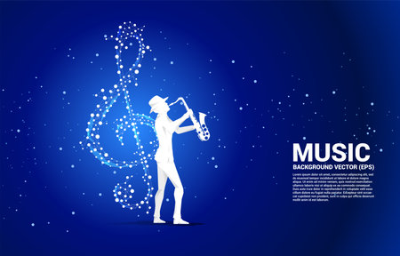 Vector saxophonist with sol music key note from dot connect line. Concept background for song and concert theme.のイラスト素材