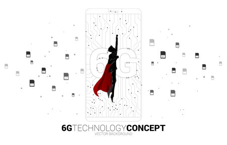 Silhouette of man in superhero suit with 6G dot connect line circuit board style mobile phone icon....