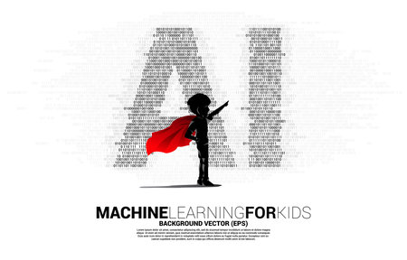 Silhouette of kid in superhero suit with dot zero and one binary code shaped AI. Concept for machine learning and artificial intelligence for future.のイラスト素材