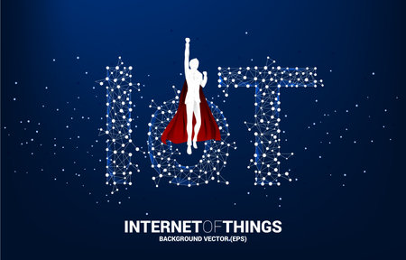 Silhouette of man in superhero suit flying with Polygon dot connect line shaped IoT wording . Concept for telecommunication and internet of things.のイラスト素材