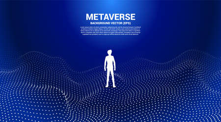 Vector Silhouette of businessman stand and Digital Contour curve dot and line and wave with wireframe . Concept for metaverse and VR technology .のイラスト素材
