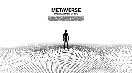 Vector Silhouette of businessman stand and Digital Contour curve dot and line and wave with wireframe . Concept for metaverse and VR technology .のイラスト素材