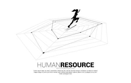 Silhouette of businesswoman running on spider chart. Concept of perfect recruitment. Human Resource. put the right man on the right job.のイラスト素材