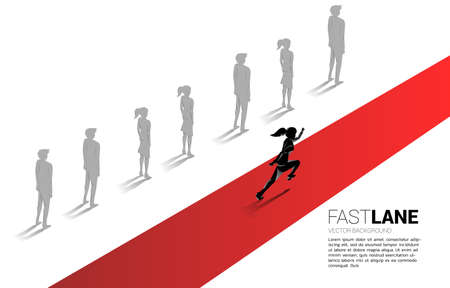 businesswoman running on fast lane is move faster than group on queue. Business Concept of fast lane for moving and disruption.のイラスト素材