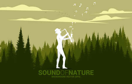 Vector silhouette of saxophonist with green forest. background concept for music for natural and spring time.のイラスト素材