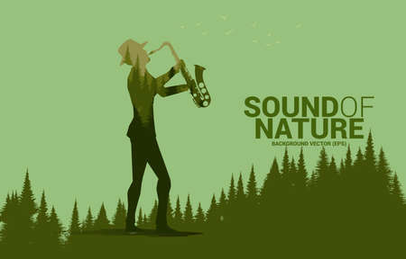 Vector silhouette of saxophonist with green forest. background concept for music for natural and spring time.のイラスト素材