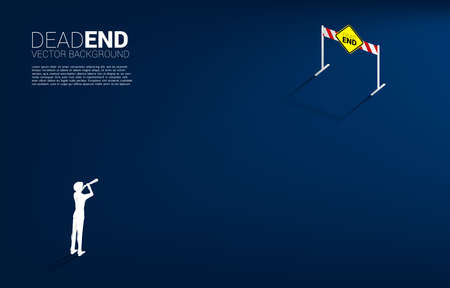 Silhouette of businessman look in telescope with dead end signage . Concept of wrong decision in business or end of career path.のイラスト素材