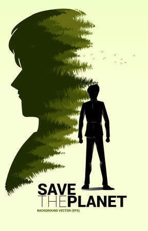 Vector Silhouette of businessman stand with Natural forest inside silhouette man head. background for take care and save the environment.のイラスト素材